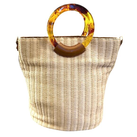 Hobo Sheila Raffia Circle Handle Tote Bag Straw Woven Tortoise Ring Handles - Picture 5 of 9
